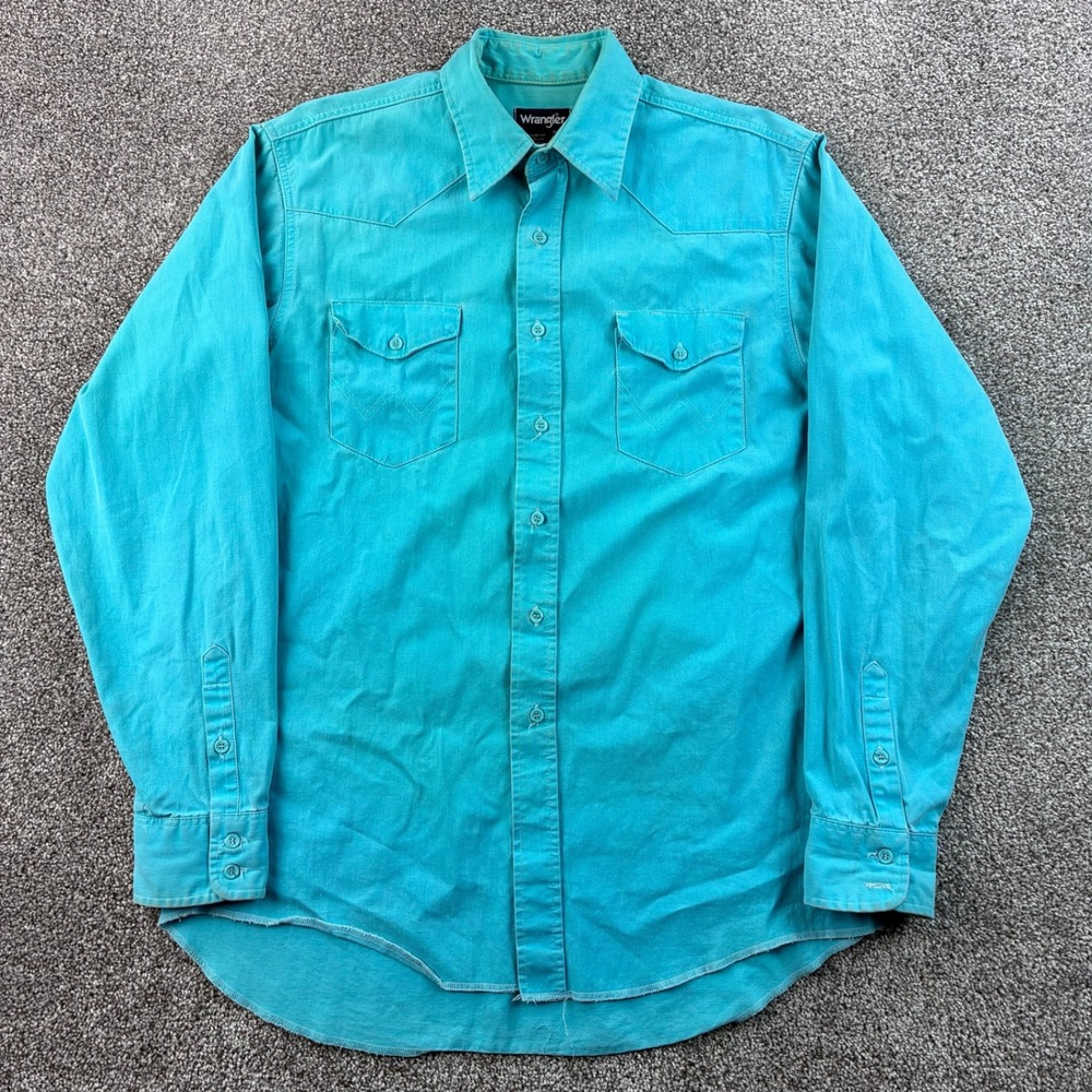Vintage Wrangler Brushpopper Shirt Mens 16-35 Turquoise Heavy Cotton Western